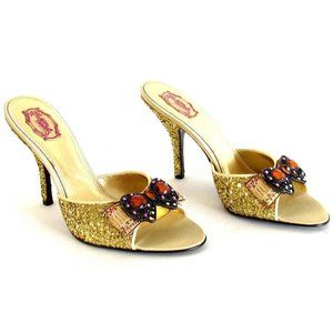 Hale' Bob Gold Glitter Metal Bow/Color Stones Detail Designer Mules Size 8.M